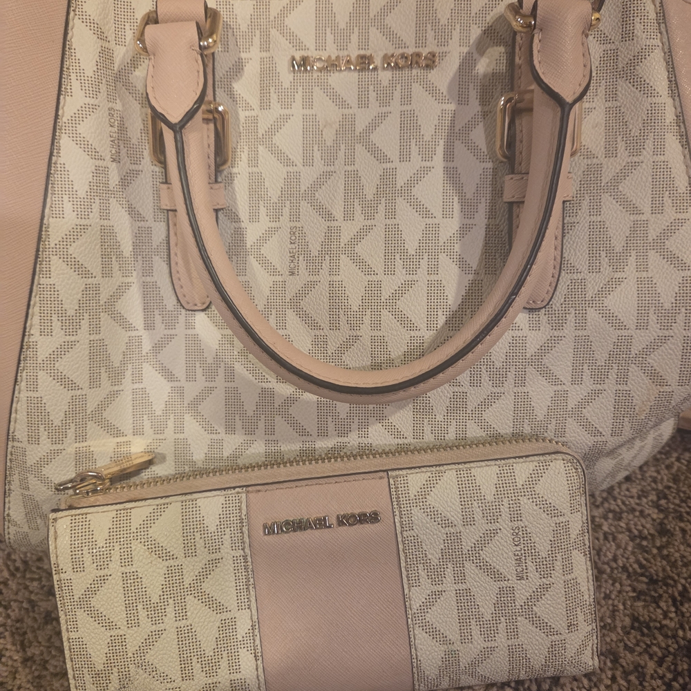 Michael Kors Cream and Pink Monogram Satchel and Wallet